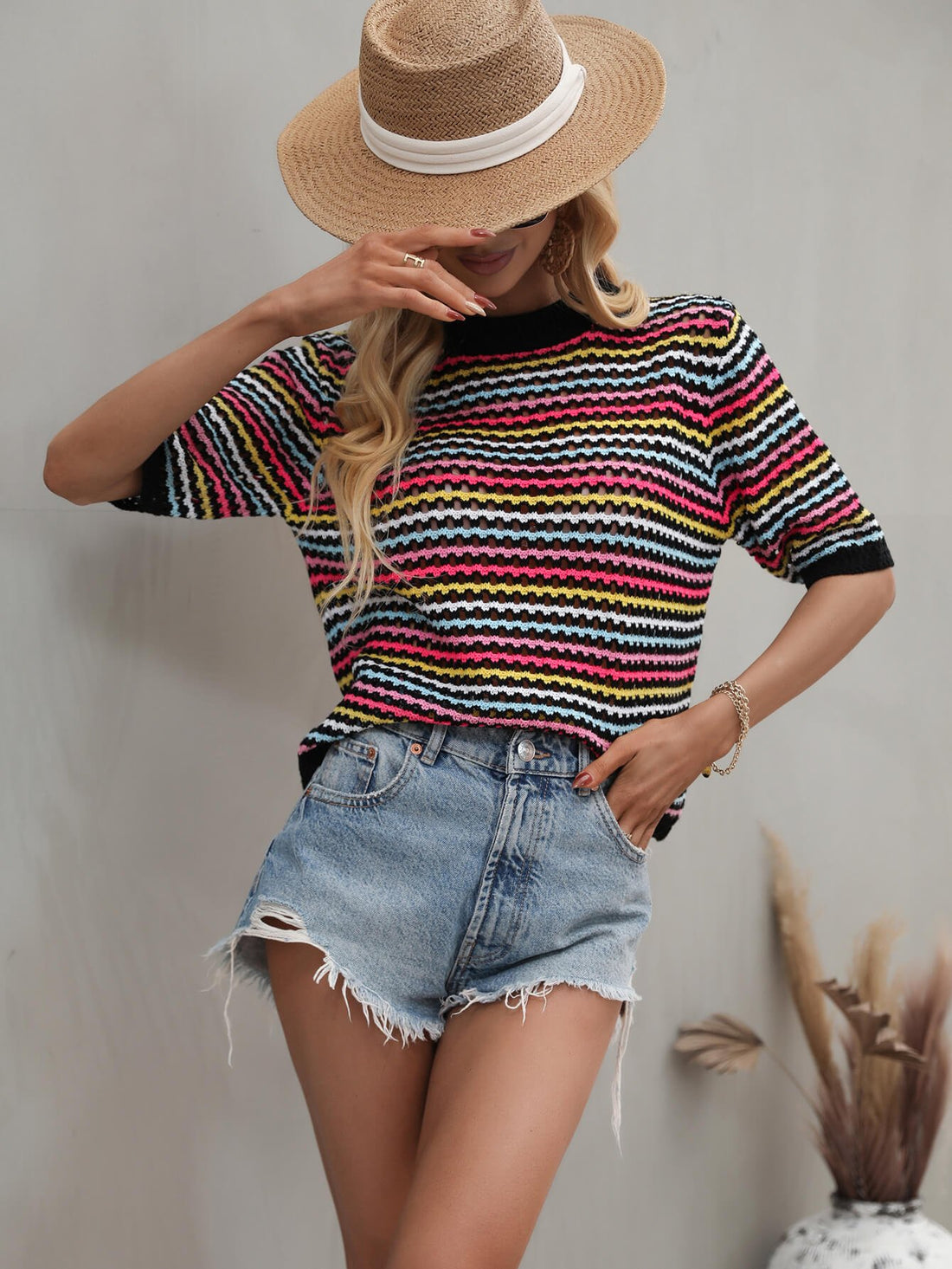 Striped Openwork Half Sleeve Knit Top -