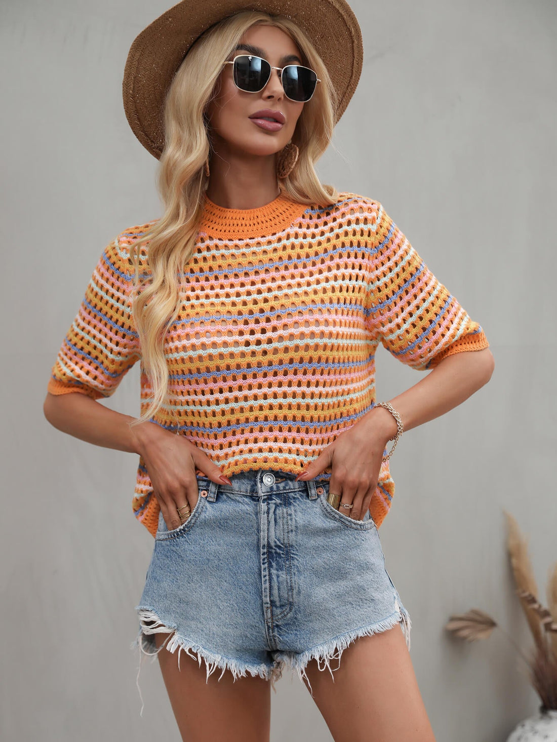 Striped Openwork Half Sleeve Knit Top -