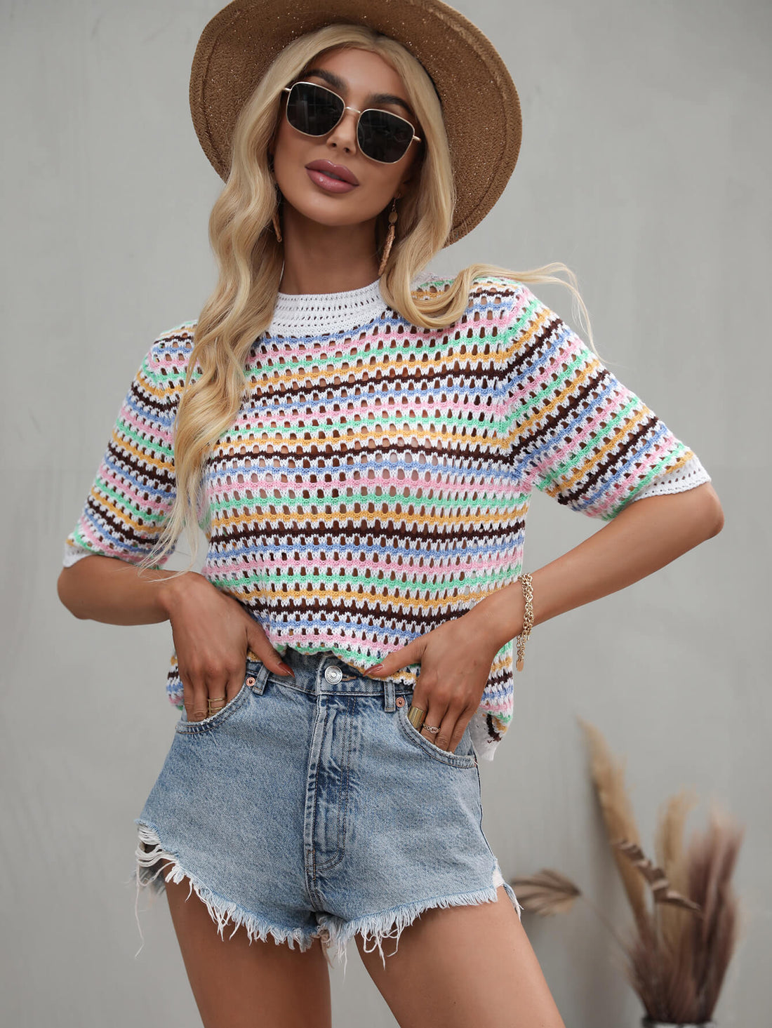 Striped Openwork Half Sleeve Knit Top -