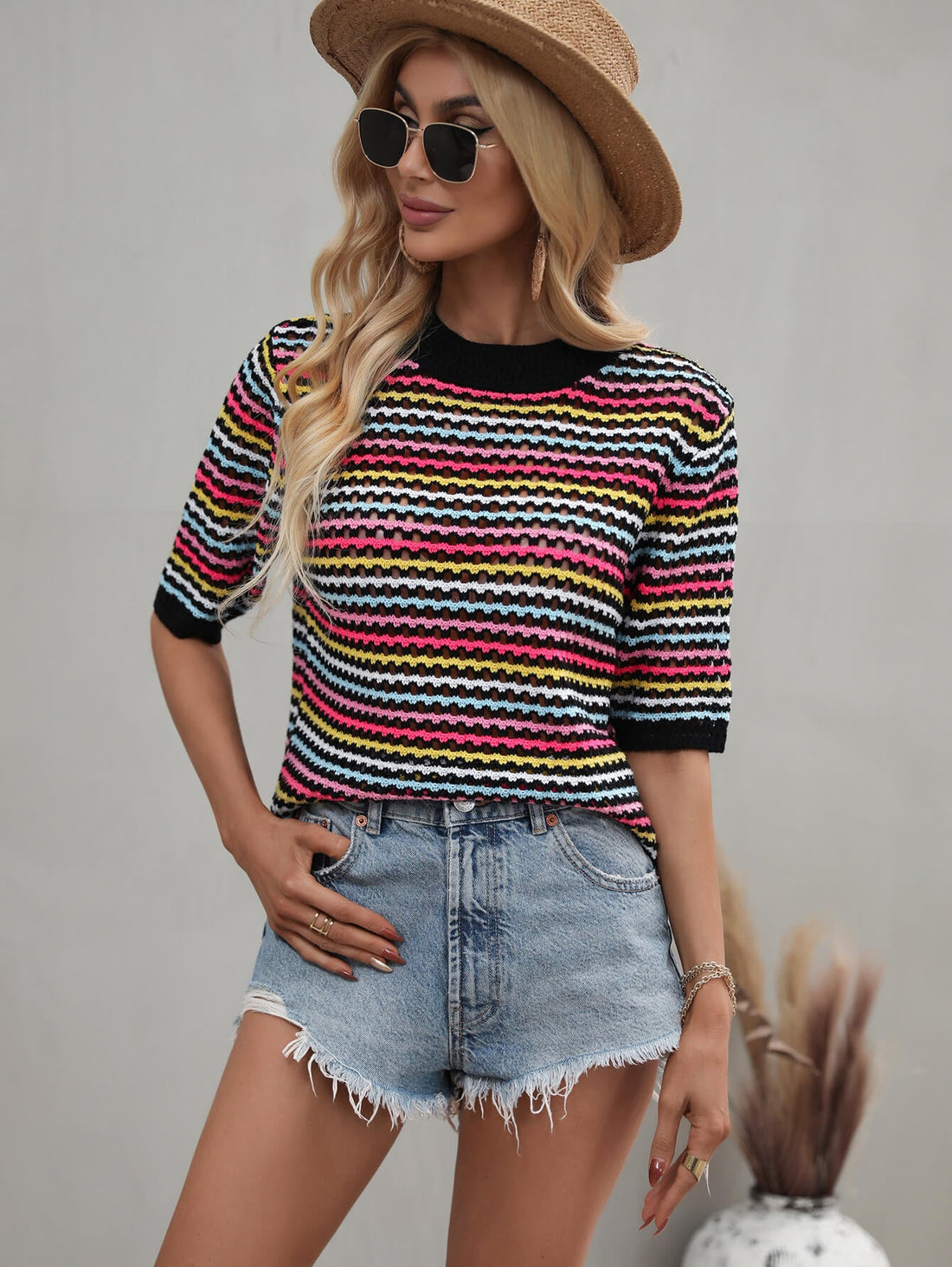 Striped Openwork Half Sleeve Knit Top -