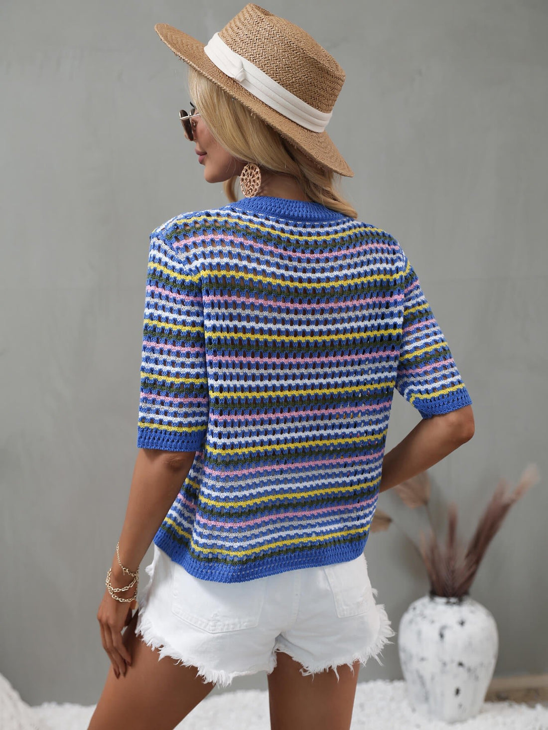 Striped Openwork Half Sleeve Knit Top -