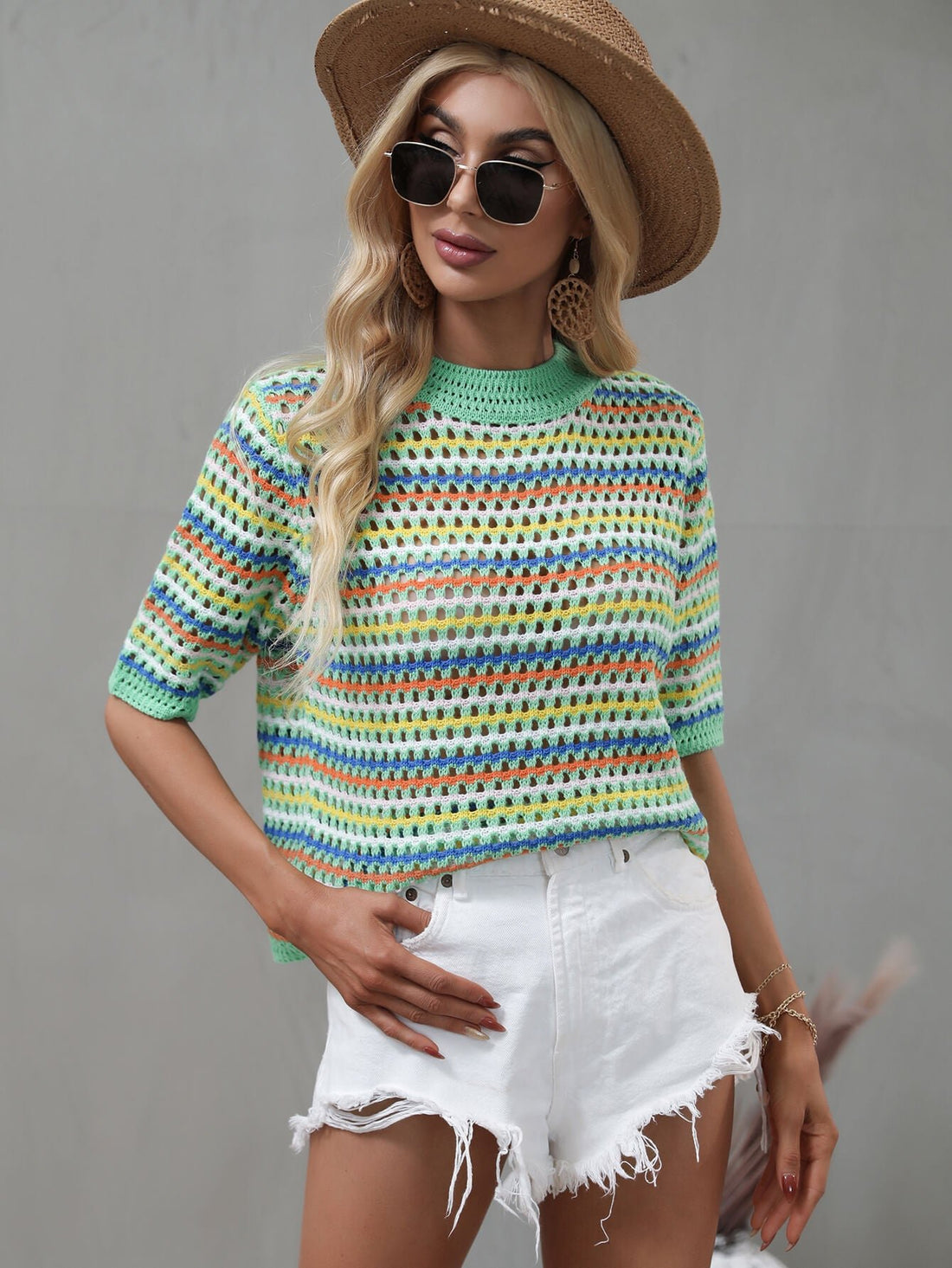 Striped Openwork Half Sleeve Knit Top -