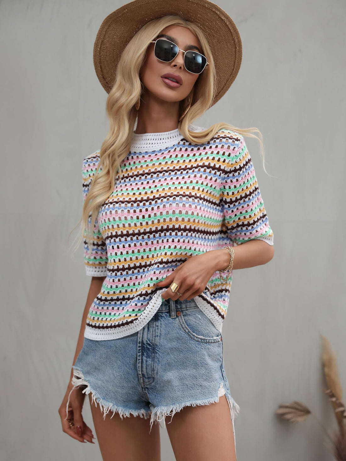 Striped Openwork Half Sleeve Knit Top -