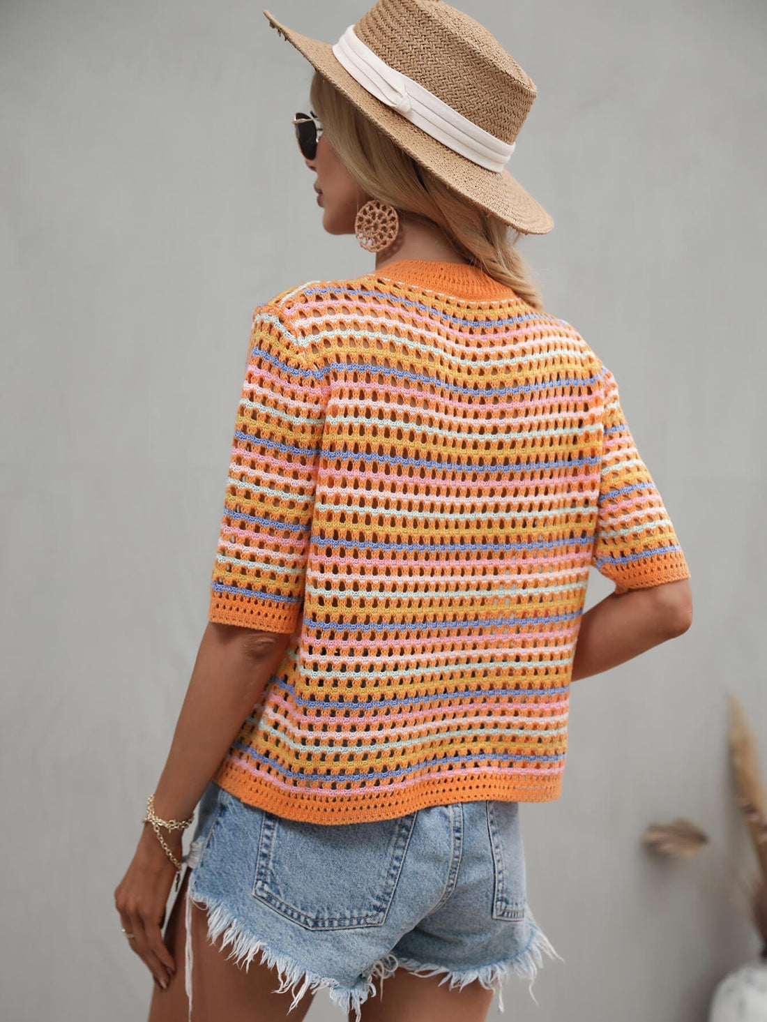 Striped Openwork Half Sleeve Knit Top -