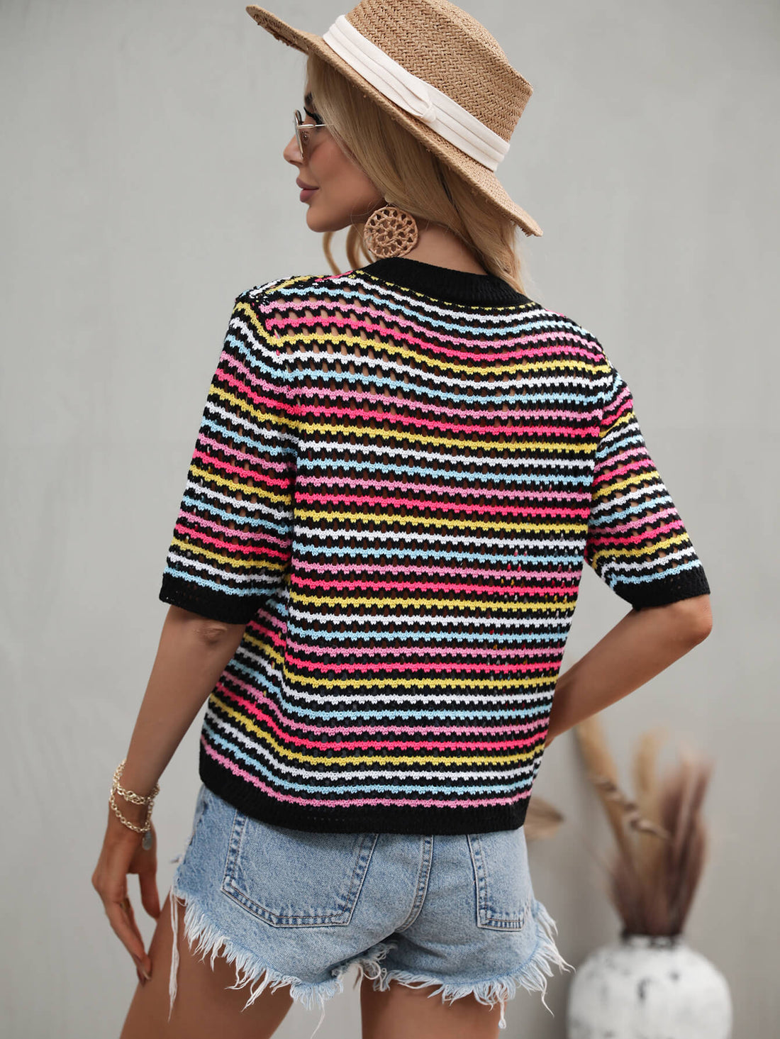 Striped Openwork Half Sleeve Knit Top -