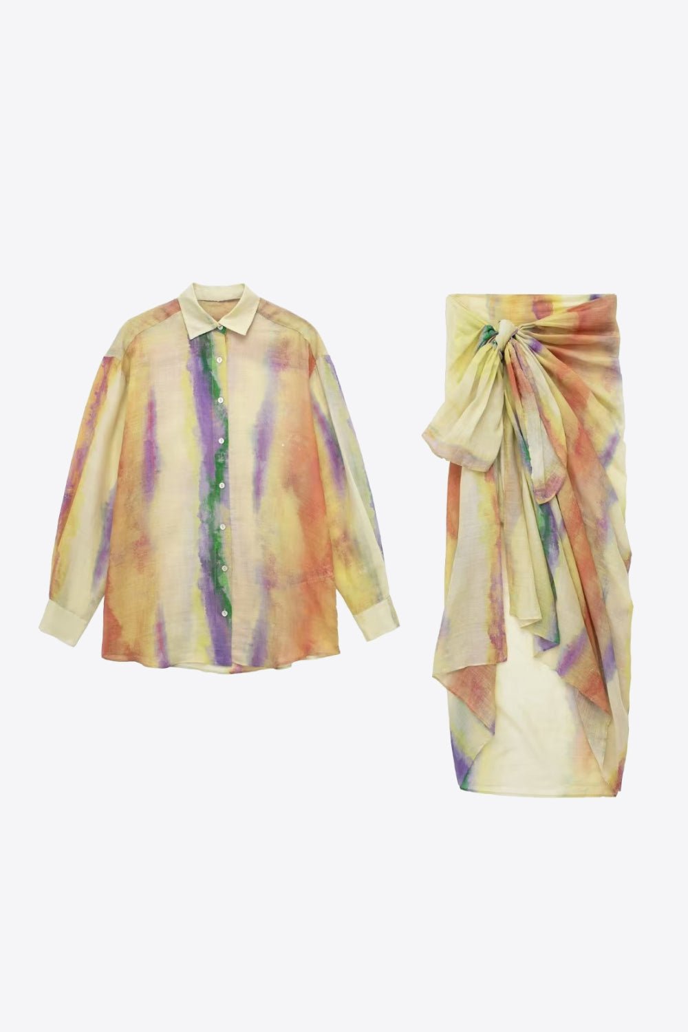 Tie-Dye Long Sleeve Shirt and Tied Skirt Set -