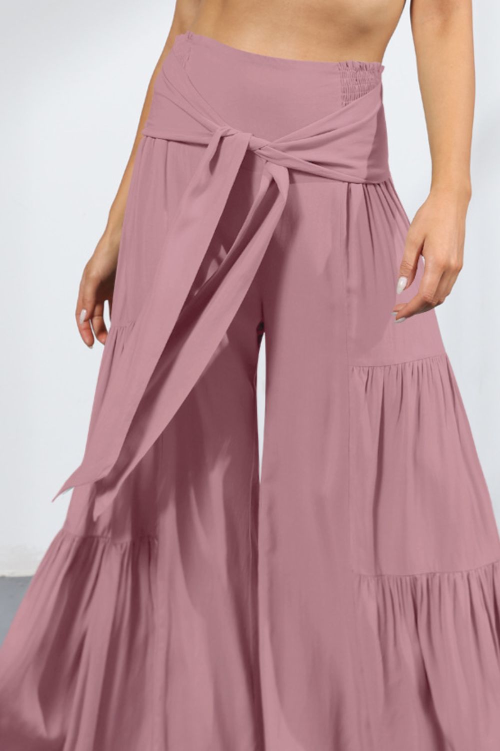 Tie Front Smocked Tiered Culottes -