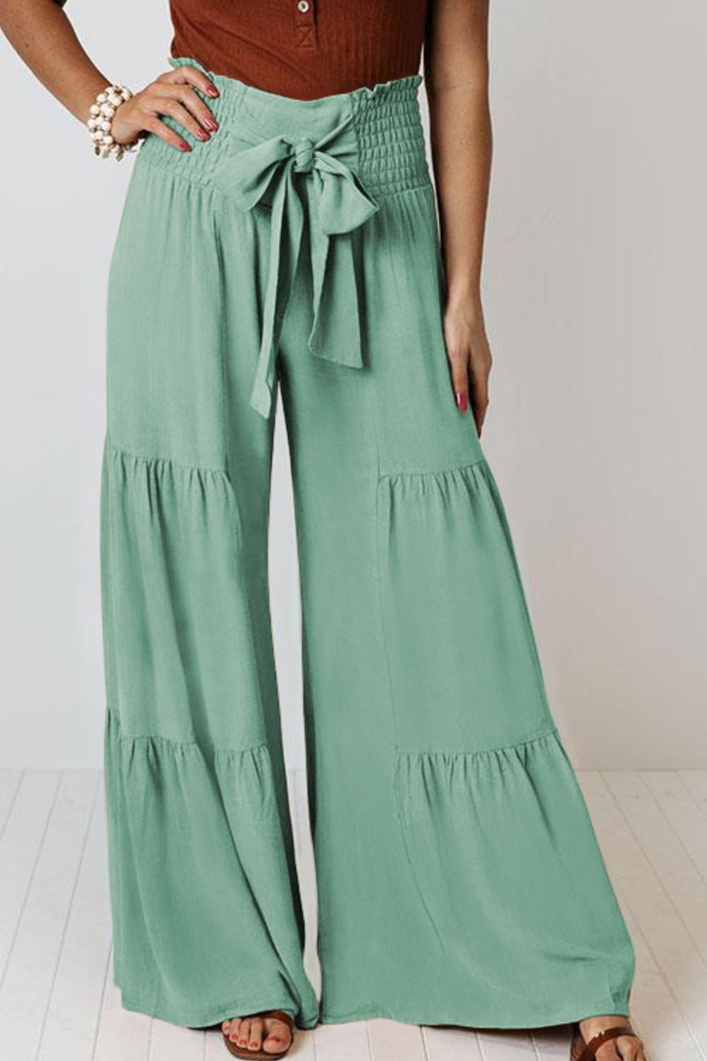 Tie Front Smocked Tiered Culottes -