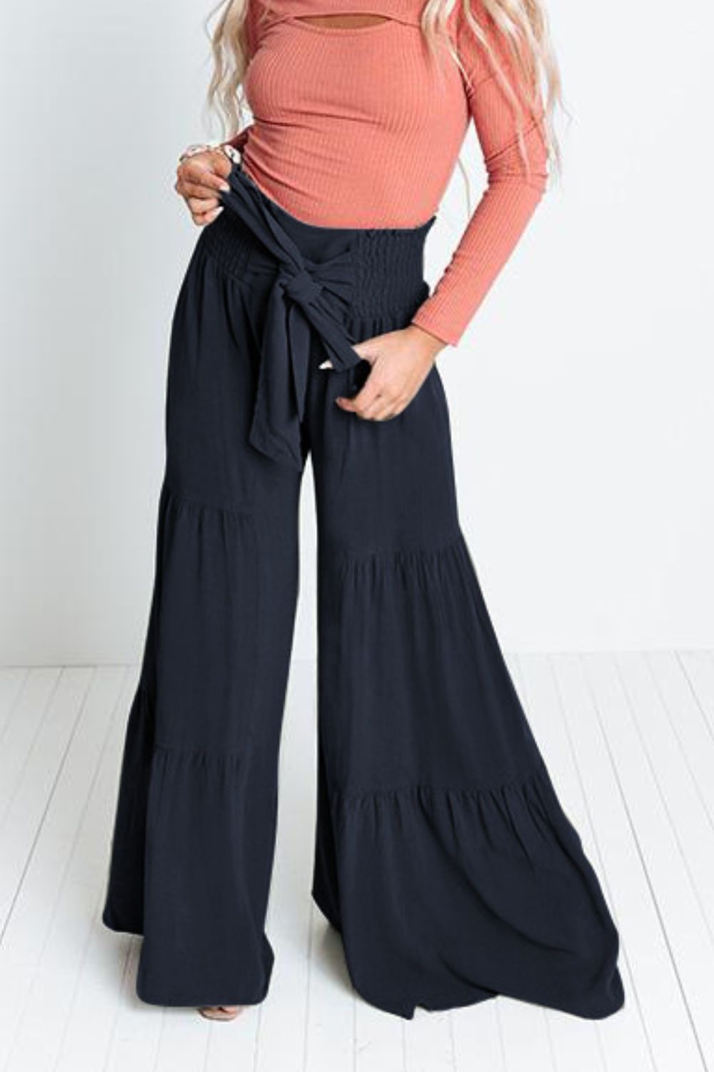 Tie Front Smocked Tiered Culottes -