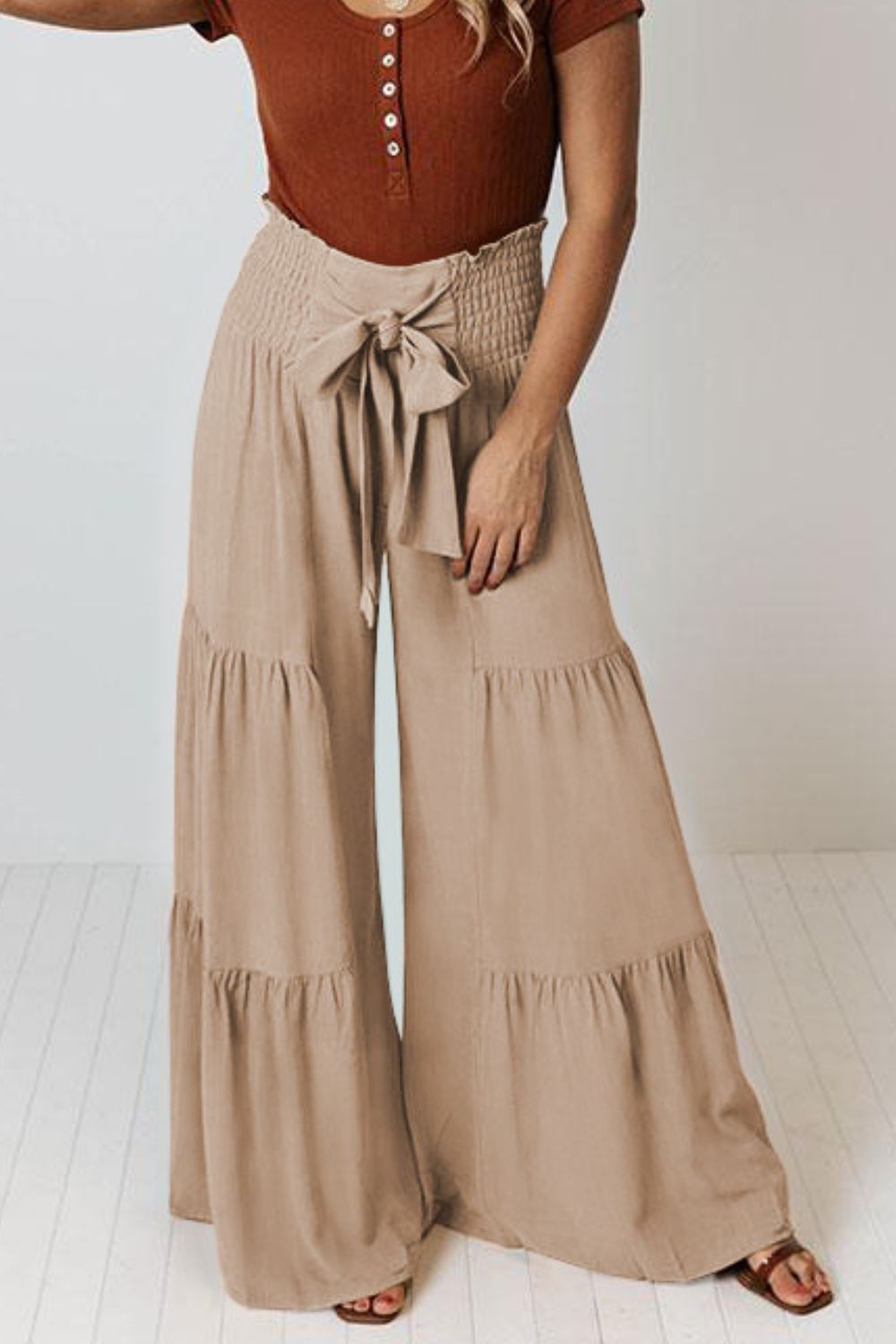 Tie Front Smocked Tiered Culottes -