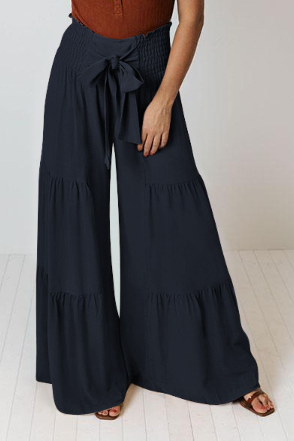 Tie Front Smocked Tiered Culottes -