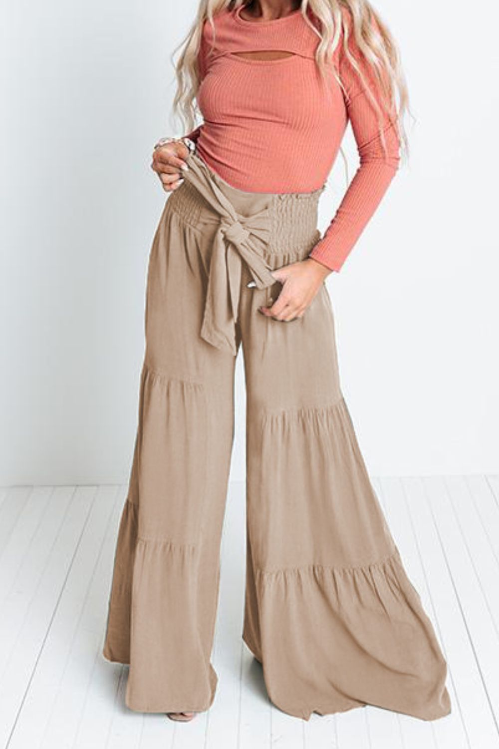 Tie Front Smocked Tiered Culottes -