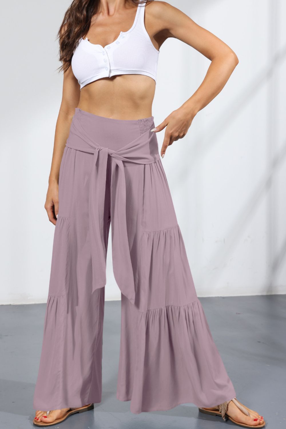 Tie Front Smocked Tiered Culottes -