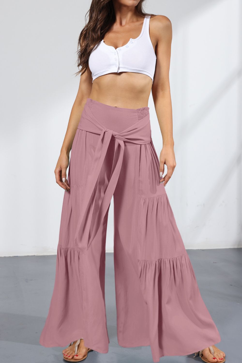 Tie Front Smocked Tiered Culottes -