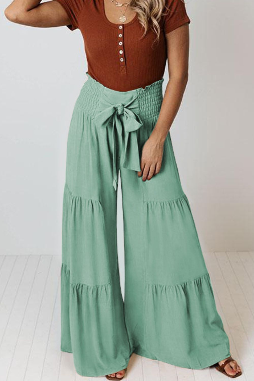 Tie Front Smocked Tiered Culottes -