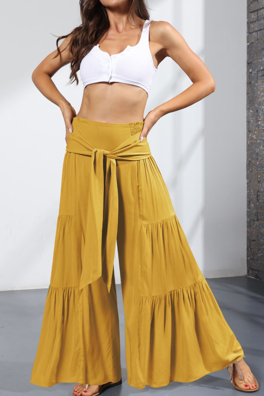 Tie Front Smocked Tiered Culottes -