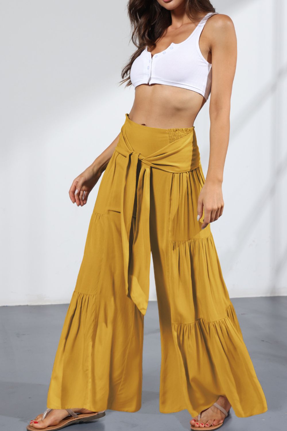 Tie Front Smocked Tiered Culottes -