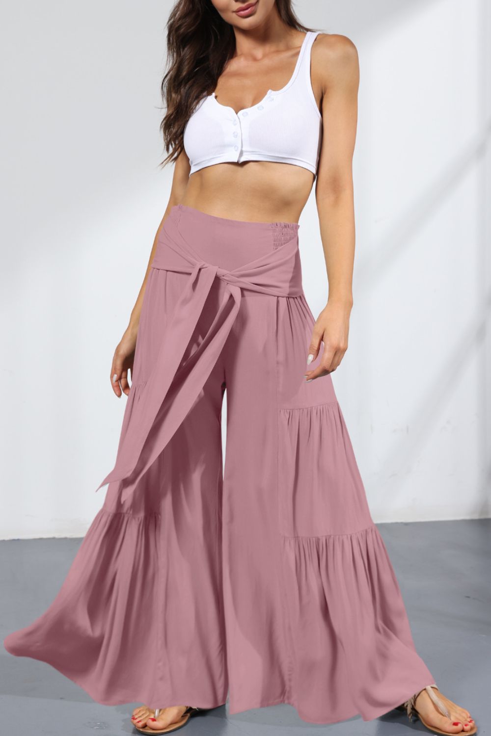 Tie Front Smocked Tiered Culottes -