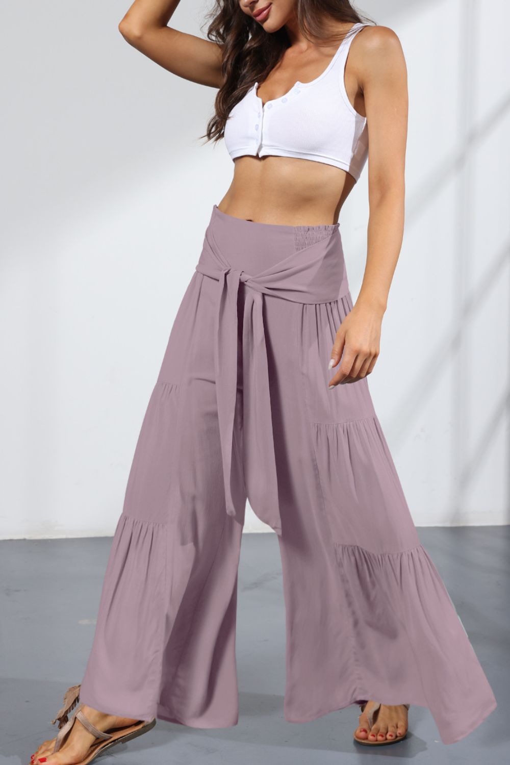 Tie Front Smocked Tiered Culottes -